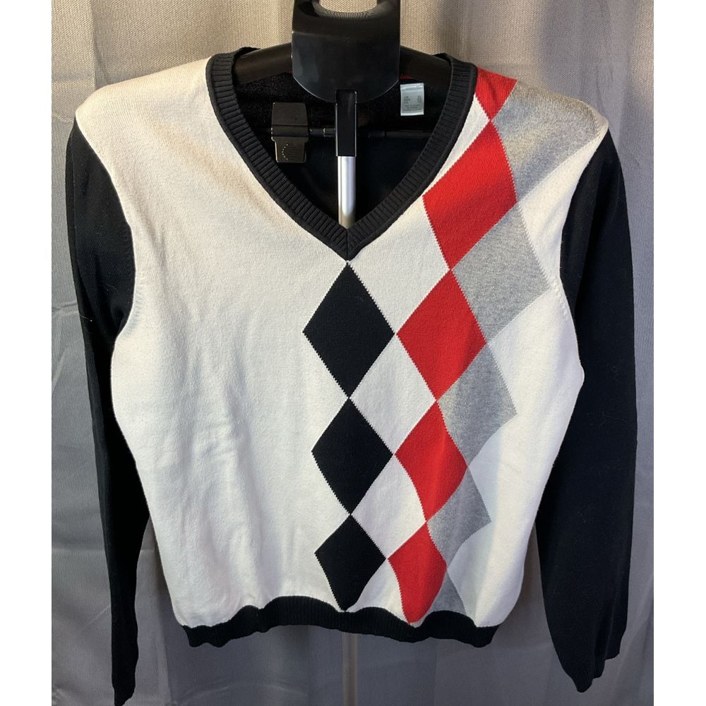 Liz Claiborne Liz‎ Golf Women's V Neck Sweater Black & Off White Size XL Argyle